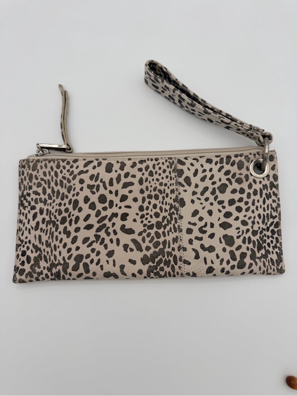 Hobo Cheetah Leather Print Wristlet Black and Taupe